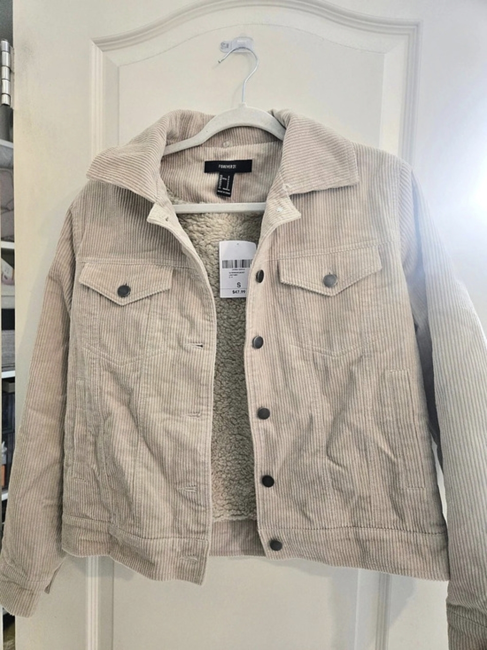 Forever 21 Corduroy Sherpa-Lined Trucker Jacket Beige Small